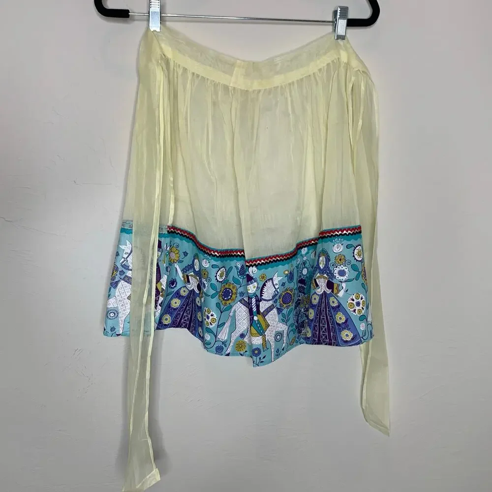 Vintage 60s Sheer Yellow Half Apron Folk Art Scandinavian Blue Hem OSFM